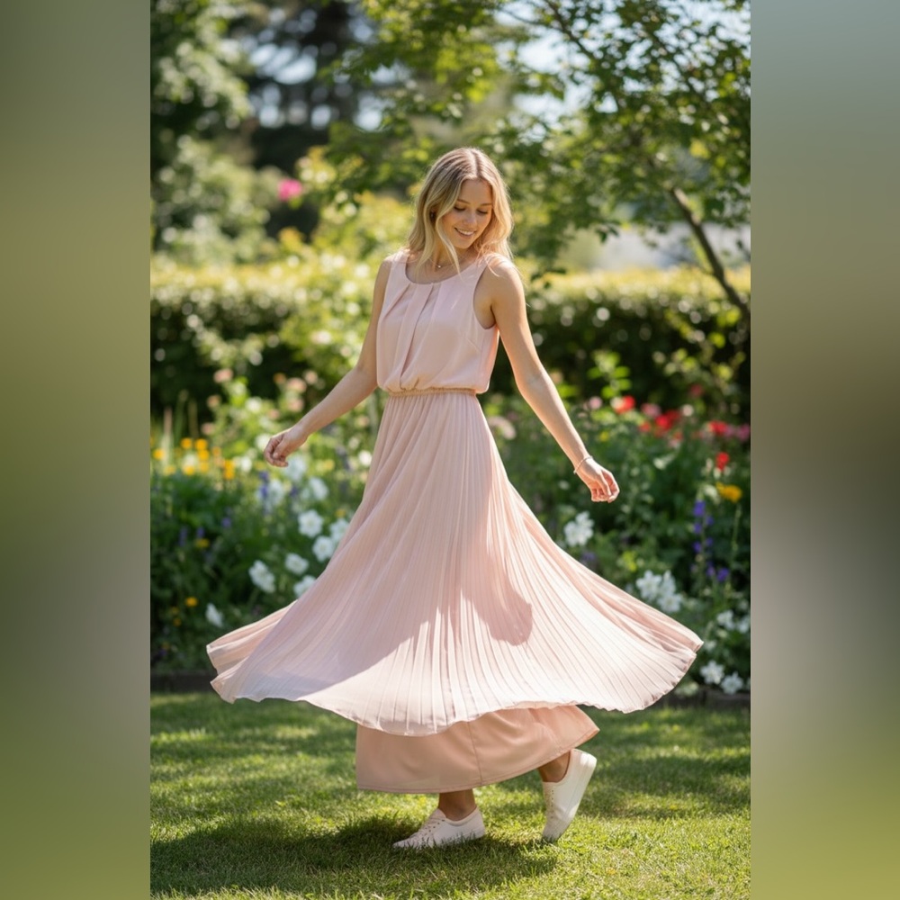 Blush Pink Chiffon Pleated Sleeveless Maxi Dress Formal‎ Wedding Guest Gown 1/2